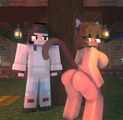 1boy 1girls 3d ass brown_eyes brown_hair cat_ears cat_humanoid cat_tail catgirl female horny_female inviting_to_sex kaneefox lola_(kaneefox) male mine-imator minecraft nude_female outside posing public tagme wet_pussy