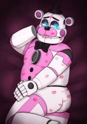 2024 animatronic anthro bear bed black_bowtie blue_eyes bowtie color colored five_nights_at_freddy's five_nights_at_freddy's:_sister_location fnaf funtime_freddy funtime_freddy_(fnafsl) glowing_eyes hat kiss_mark kiss_marks laying_down laying_on_bed lipstick_mark looking_away looking_to_the_side lying lying_on_bed male_only on_bed pink_body robot scottgames spaceandroids white_body