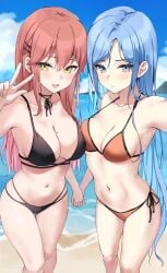 2girls absurd_res absurdres armpits bae_minah_(chaesu) bare_armpits bare_arms bare_back bare_belly bare_calves bare_chest bare_hands bare_hips bare_knees bare_legs bare_midriff bare_navel bare_shoulders bare_skin bare_thighs bare_torso beach belly belly_button bikini bikini_bottom bikini_only bikini_top black_bikini black_bikini_bottom black_bikini_top black_string_bikini black_swimsuit black_swimwear blue_eyebrows blue_eyes blue_eyes_female blue_hair blue_hair_female blue_sky blush blush_lines blushing_at_viewer blushing_female breast_press breasts calves cleavage clouds coast collarbone covered_areola covered_areolae covered_breasts covered_crotch covered_nipples covered_pussy covered_vagina day daylight daytime dock docking dot_nose elbows embarrassed embarrassed_female exposed exposed_armpits exposed_arms exposed_belly exposed_legs exposed_midriff exposed_shoulders exposed_thighs exposed_torso extended_arm eyebrows_visible_through_hair female female_focus female_only fingernails fingers groin hair_between_eyes hairpin hand_holding high_resolution highres holding_hands hourglass_figure interlocked_fingers kaetzchen knees legs light-skinned_female light_skin liliya_(kaetzchen) lips long_hair looking_at_viewer medium_breasts mole mole_on_breast multiple_females multiple_girls navel nervous nervous_expression nervous_face nervous_female nude nude_female ocean open_mouth open_mouth_smile orange_bikini orange_bikini_bottom orange_bikini_top orange_string_bikini orange_swimsuit orange_swimwear original original_art original_artwork original_character outdoor outdoors outside parted_bangs parted_lips peace_sign pussy red_hair red_hair_female sand sea seaside shoulders shy shy_expression sideboob sky slender_body slender_waist slim_girl slim_waist smile smiling smiling_at_viewer standing string_bikini swimsuit swimwear thick_thighs thigh_gap thighs thin_waist tongue upper_body v v-line wide_hips yellow_eyes yellow_eyes_female