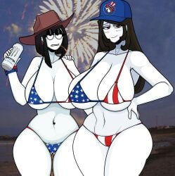2girls 4th_of_july american_flag_bikini big_breasts bikini black_hair breasts brown_hair busty daughter ear_piercing earrings female female_only fireworks goth goth_girl hand_on_hip hat huge_breasts large_breasts milf monster_energy_can mother mother_and_daughter navel_piercing original piercing saltynoodles swimsuit thick_thighs veronica's_mother_(saltynoodles) veronica_(saltynoodles) white_skin wide_hips