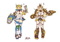 2024 2girls armored_female battlemech battletech big_breasts blonde_hair blue_eyes breast_spill cleavage concept_art female greek_clothes house_steiner mech mecha mechagirl mechwarrior midriff navel robe shikai_(artist) tagme zeus_(battlemech)