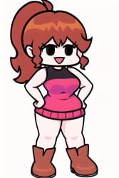 :d ai_generated auburn_hair bangs black_eyes boots brown_boots clothed female friday_night_funkin friday_night_funkin_mod friday_night_funkin_soft girlfriend_(friday_night_funkin) hands_on_hips pixai ponytail red_sweater sidelocks simple_background sleeveless soft_gf soft_mod sweater