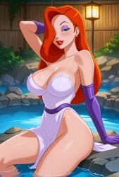 ai_generated ai_hands dress hair_over_one_eye huge_breasts jessica_rabbit no_panties purple_eyeshadow purple_gloves red_hair thighs who_framed_roger_rabbit