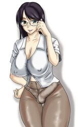 artist_request bb black_hair blush breasts bulge dark_hair erection erection_in_panties erection_under_clothes erection_under_pantyhose futanari glasses intersex large_breasts light_skin long_hair looking_at_viewer office_lady pantyhose penis smile underwear white_skin