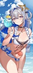 1futa amane_kanata angel angel_wings bent_over big_penis bikini black_collar blue_bow blue_hair blue_nails blue_sky bow breasts clothed clothing collar colored_inner_hair cum day drink drinking_straw erection feathered_wings frilled_bikini frilled_bikini_bottom frilled_bikini_top frills front-tie_bikini_top front-tie_top futa_only futanari grey_hair hair_ornament hairclip halo heart heart-shaped_pupils highres holding holding_drink hololive human intersex jewelry light-skinned_futanari light_skin long_hair looking_at_viewer mostly_nude multicolored_hair navel necklace ocean outdoors penis purple_eyes single_hair_intake sky small_breasts smile solo standing star_halo streaked_hair swimsuit symbol-shaped_pupils totemoyuuutsu tropical_drink two_side_up virtual_youtuber white_bikini white_bow wings