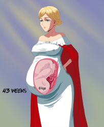 1girls attack_on_titan blonde_hair blue_eyes christa_lenz clothing dress female fetus historia_reiss legs_together long_hair pregnant ready_to_pop umbilical_cord uterus white_dress wide_hips x-ray