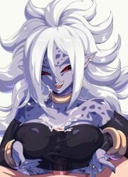 1boy android android_21 bandeau black_bandeau black_nails black_sclera breasts colored_sclera colored_skin commentary_request covered_nipples cum cum_on_body cum_on_breasts cum_on_clothes detached_sleeves dragon_ball dragon_ball_fighterz earrings facial female gold_bracelet gold_choker gold_earrings gold_ring holding_own_breasts hoop_earrings jewelry large_breasts long_hair looking_at_viewer majin_android_21 messy_hair multiple_bracelets open_mouth paizuri paizuri_under_clothes penis pointy_ears pov purple_skin red_eyes solo_focus splotch straight strapless tip_peeking tube_top udimushi white_background white_hair