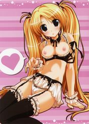 absurdres blonde_hair blush bra breasts cute detached_collar garter_belt garters highres lingerie nipples oshiki_hitoshi panties suzunone_seven takatori_yuzuri thighhighs tied_hair twintails underwear