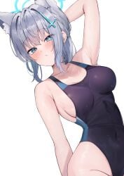 absurdres animal_ear_fluff animal_ears arm_up armpits black_one-piece_swimsuit blue_archive blue_eyes blush breasts bright_pupils commentary_request covered_navel cross female grey_hair highres inverted_cross kuroshiro_kanae looking_at_viewer medium_breasts mismatched_pupils official_alternate_costume one-piece_swimsuit shiroko_(blue_archive) shiroko_(swimsuit)_(blue_archive) short_hair simple_background solo swimsuit upper_body wet white_background white_pupils wolf_ears wolf_girl