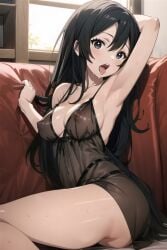 ai_generated black_eyes black_hair couch female_focus large_breasts lingerie long_hair looking_at_viewer mushoku_tensei nanahoshi_shizuka see-through_clothing tongue_out