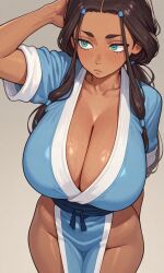 1girls ai_generated avatar_the_last_airbender black_hair blue_clothing breasts cleavage dark-skinned_female dark_skin female huge_breasts katara kosine1777 large_thighs long_hair nickelodeon pelvic_curtain robe thighs