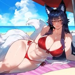 ahri ai_generated beach bikini black_hair cleavage creamy_ai curvy fox_girl large_breasts league_of_legends lying on_side orange_eyes red_bikini tail thick_thighs wide_hips