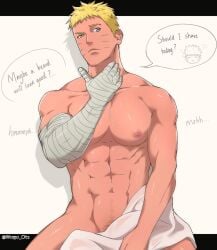 1boy abs bara bare_pectorals blonde_hair blue_eyes gay male male_focus male_only naruto naruto_(series) naruto_shippuden nipples nude solo towel uzumaki_naruto womo_ots yaoi