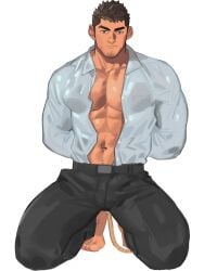 1boy bara bare_pectorals large_pectorals male male_focus male_only muscular muscular_male original pectorals short_hair suit thick_eyebrows tied_up yaoi youchi123