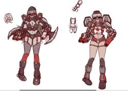 2024 2girls armored_femalemidriff battlemech battletech bellybutton big_breasts blades clan_(battletech) concept_art cyborg executioner_(battlemech) female garter_straps gun_arm hood mech mecha mechagirl mechwarrior navel pale_skinned_female shikai_(artist) short_shorts skindentation tagme thigh_highs