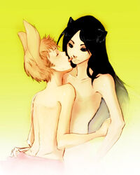 2boys animal_ears black_eyes black_hair blonde_hair bunny_ears bunnyboy cat_ears catboy imminent_kiss kissing licking long_hair male multiple_boys short_hair trap yaoi