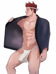 1boy abs bara blue_eyes blue_jacket boku_no_hero_academia bulge burn_scar closed_mouth covered_penis endeavor_(boku_no_hero_academia) endeavor_(my_hero_academia) enji_todoroki feet_out_of_frame fundoshi headband jacket japanese_clothes looking_to_the_side male male_focus male_only muscular muscular_male my_hero_academia naughtydads navel nipples open_clothes open_jacket red_hair scar scar_on_face simple_background solo solo_male thighs todoroki_enji white_background white_headband yaoi