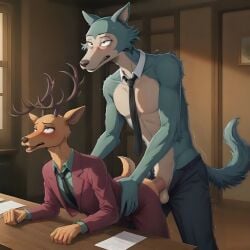 ai_generated anal anal_sex antlers ass balls beastars blush deer frosting.ai gay interspecies legoshi_(beastars) louis_(beastars) male orgasm penis suit tie trueliamay unzipped wolf