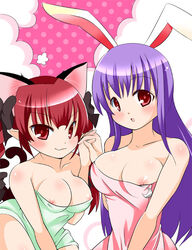 2girls animal_ears bare_shoulders blush braid breasts bunny_ears cat_ears cleavage female hand_holding holding_hands interlocked_fingers large_breasts long_hair multiple_girls naked_towel naughty_face nipple_slip nipples polka_dot_background purple_hair red_eyes red_hair reisen_udongein_inaba rin_kaenbyou shy smile takamoto_akisa tied_hair touhou towel twin_braids twintails yuri