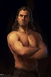 alaric_ward battletech brown_hair clan_(battletech) commission crossed_arms long_hair male male_only nikulena-helena_(artist) scar_on_chest scar_on_face tagme topless