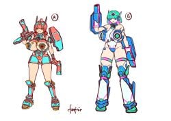 2024 2girls armored_femalemidriff battlemech battletech big_breasts blue_eyes cleavage concept_art cyan_hair fafnir_(battlemech) female gun_arm mech mecha mechagirl mechwarrior nipples red_hair shikai_(artist) skindentation smile tagme thighs yellow_eyes