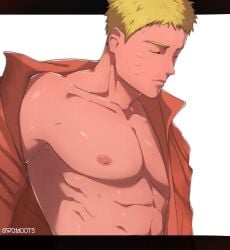 1boy abs bara bare_pectorals blonde_hair blue_eyes gay male male_focus male_only naruto naruto_(series) naruto_shippuden nipples nude solo uzumaki_naruto womo_ots yaoi