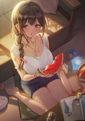 ahoge ame_(uten_cancel) bare_arms bare_shoulders big_breasts blush bra bra_visible_through_clothes bracelet braid braided_ponytail breasts brown_hair cleavage collarbone couch eating feet idolmaster idolmaster_shiny_colors indoors kuwayama_chiyuki lace-trimmed_bra long_hair miniskirt nail_polish necklace pantyhose purple_nails red_bra see-through_shirt shirt short_sleeves sitting skirt sweat sweaty_body thighs underwear wariza watermelon white_shirt