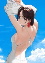 big_breasts bra curvy_figure dark_hair female female_only full_body half-dressed half_naked light-skinned_female light_skin looking_at_viewer panties shiny_skin short_hair simple_background smile solo solo_female yomu_(sgt_epper)