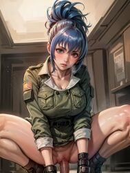 ai_generated big_breasts blue_eyes blue_hair boots clothed clothed_sex cowgirl_position dogvahkiin female gloves imminent_sex insertion king_of_fighters leona_heidern light-skinned_female light_skin long_hair long_sleeves military military_clothing no_pants open_legs penetration penis pov pussy pussy_juice riding riding_cock riding_penis sex skirt spread_legs spreading steamy_breath tied_hair tight tight_fit