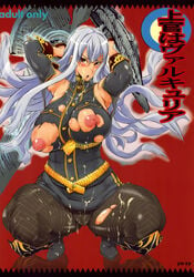 bare_shoulders blush boots breasts clothing cover cum detached_sleeves gloves highres huge_breasts inverted_nipples knee_boots lance large_breasts long_hair military military_uniform nipples pantyhose polearm red_eyes selvaria_bles silver_hair spear squat squatting thick_thighs thighs torn_clothes torn_pantyhose translation_request uniform valkyria_chronicles valkyria_chronicles_1 very_long_hair weapon ya-zy