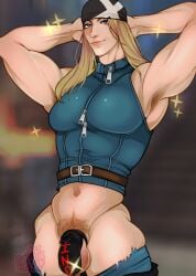 1boy arms_behind_head arms_up axl_low bandana blonde_hair blue_eyes chastity_cage chastity_device cropped_legs femboy guilty_gear guilty_gear_strive lips male male_only masculine pants_down poundcake_(artist) poundcakeart pubic_hair sleeveless_shirt solo