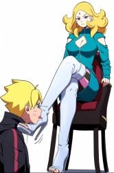 ai_assisted blonde_hair boot_licking boruto:_naruto_next_generations cleavage crossed_legs dante2305 defeated_hero delta_(boruto) dominatrix femdom foot_fetish foot_worship footwear green_dress legs_crossed licking_boot looking_down malesub open_toe_shoes painted_nails pink_eyes sitting_on_chair slave thigh_boots thighs tongue_out uzumaki_boruto victorious_villain white_boots yuhaye02