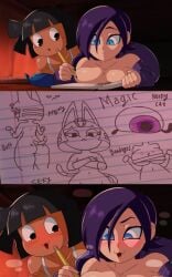 1boy 1boy1girl 1girls animal_crossing ankha ankha_(animal_crossing) ankha_ride_(minus8) bed big_breasts black_hair blush butt cat_ears cat_girl cat_tail catgirl dancing drawing female gammainks minus8_(character) parody purple_hair turning_red zone-tan