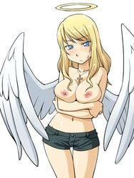 angel angel_wings blonde_hair blue_eyes breast_hold breasts cross crossed_arms cute female halo hinemosu hinemosu_notari jewelry necklace nipples original short_shorts shorts solo sweatdrop topless wings