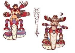 2024 2girls armored_femalemidriff battlemech battletech bellybutton big_breasts blood_asp_(battlemech) clan_(battletech) cleavage concept_art cyborg dark_hair female gun_arm hood loincloth mech mecha mechagirl mechwarrior monster_girl naga navel pointy_ears red_eyes shikai_(artist) tagme tan_body white_hair yellow_eyes