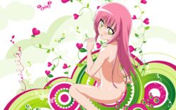 ass back blush circle cloud clouds female female green_eyes hayate_no_gotoku! heart highres katsura_hinagiku legs long_hair nude nude_filter open_mouth over_shoulder photoshop pink_hair plant solo thighs wallpaper