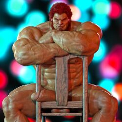 3d 3d_(artwork) balls bara beard boner chair erection facial_hair fate_(series) iskandar_(fate) male male_only muscles muscular nude og_idk penis sitting solo solo_male