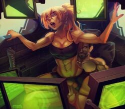 2016 abs andava anne_(callidrad) battlemech battletech blonde_hair breasts clothed_sex cockpit commission female from_behind green_eyes human male mech mechwarrior original_character ponytail reverse_cowgirl_position sex stubble tagme torn_clothes vaginal_penetration