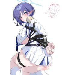 annoyed aoi_(blue_archive) arms_behind_back arms_tied_behind_back ass_visible_under_skirt belt blue_archive blue_eyes blue_halo blush closed_mouth doodle_sensei_(blue_archive) earclip epaulettes huge_breasts looking_at_viewer looking_back pleated_skirt pointy_ears purple_hair restrained restrained_arms restrained_wrists sensei_(blue_archive) short_hair socks spank_marks spanked_butt suit taped_arms thigh_strap tie tied_hands tied_up underboob white_skirt white_socks youik16