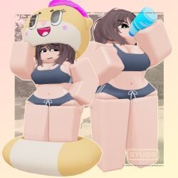 2girls 3d artist_name big_ass big_breasts big_thighs brown_hair chiitan costume darby_lockhart dingotoad eyeshadow female hd mascot original_character posing posing_for_the_viewer poster roblox robloxian sfw smile sports_bra sportswear studsxxx sweat twitter_username watermark