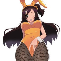 animal_ears breasts brown_eyes brown_hair bunny_ears bunny_girl bunnysuit cleavage fair-skinned_female fair_skin female fishnet_pantyhose fishnets from_below hachiyou highres hou_(hachiyou) light-skinned_female light_skin long_hair no_panties oozora_himawari otenki_studio pantyhose pussy solo spread_pussy spread_pussy_under_clothes wink