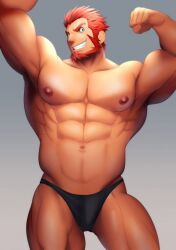 balls bara beard bulge facial_hair fate_(series) flaccid flexing iskandar_(fate) kurokawasudou male male_only muscles muscular penis solo solo_male thong