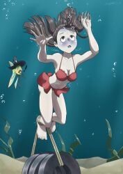 ! 2girls air_bubbles akko_kagari alternate_species ankles_tied asphyxiation barefoot bikini blue_face bondage breasts bubbles cleavage clothed_female drowned drowning evan_harrey eyes_rolling_back feet female female_only fish human little_witch_academia marine medium_breasts navel ocean peril red_bikini red_swimsuit sea sucy_manbavaran swimsuit tied_legs turning_blue twitching underwater underwater_view water witch witch_hat