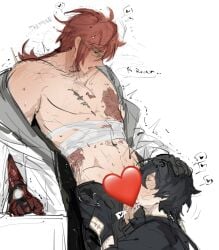 <3 black_hair blowjob blush blushing clothed clothing english english_text gay ggguoee glasses grabbing_head holding_head male/male male_only male_rover_(wuthering_waves) mortefi_(wuthering_waves) red_hair rover_(wuthering_waves) text text_bubble twitching wuthering_waves yaoi