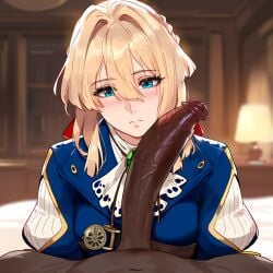 1boy 1girls ai_generated blonde_hair blue_eyes dark-skinned_male dark_skin female interracial light-skinned_female light_skin male penis violet_evergarden violet_evergarden_(character)