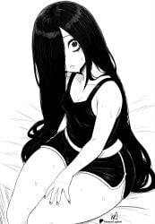 1girls breasts female female_only goth_girl greyscale hair_over_one_eye long_hair looking_at_viewer lughost monochrome nail_polish sadako_yamamura short_shorts shorts signature sitting small_breasts solo striped sweat tank_top the_ring thick_thighs thighs very_long_hair yamamura_sadako