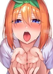 aroused blue_eyes blush breath close-up collared_shirt commentary cupping_hands eyes_visible_through_hair female fingernails go-toubun_no_hanayome green_ribbons hair_between_eyes hair_ribbon half-closed_eyes hands_up highres kouzuki_(majc8345) looking_at_viewer mabsurdres medium_hair nakano_yotsuba nose_blush open_mouth oral_invitation orange_hair own_hands_together raised_eyebrows ribbon shirt short_sleeves simple_background solo straight_hair sweat teeth tongue tongue_out tsurime upper_teeth_only white_background white_shirt