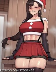 abs ai_generated christmas christmas_outfit crop_top final_fantasy final_fantasy_vii fingerless_gloves gloves large_ass muscular_female ryogangg santa_costume skirt thick_thighs thighhighs tifa_lockhart toned_female