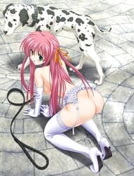 aihara_sarina all_fours ass bestiality bridal_gloves bride canine collar dalmatian delta elbow_gloves female garters green_eyes hair_ribbon high_heels leash leo_(shiiku_hakusho) long_gloves married_to_feral no_panties pink_hair ribbon shiiku_hakusho shiiku_hakusho_-_kusari_ni_tsunagareta_doukyuusei shoes thighhighs tied_hair twintails wedding zoophilia