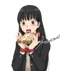 1girls amagami ayatsuji_tsukasa bangs black_eyes black_hair blush bondage bound_hands bound_wrists bread chains clothed collar cum cum_on_food female food gokkun hands leash long_hair open_mouth pet pet_play rope school_uniform slave solo sweat tamaoki_benkyou teeth tied_hands toast tongue tongue_out